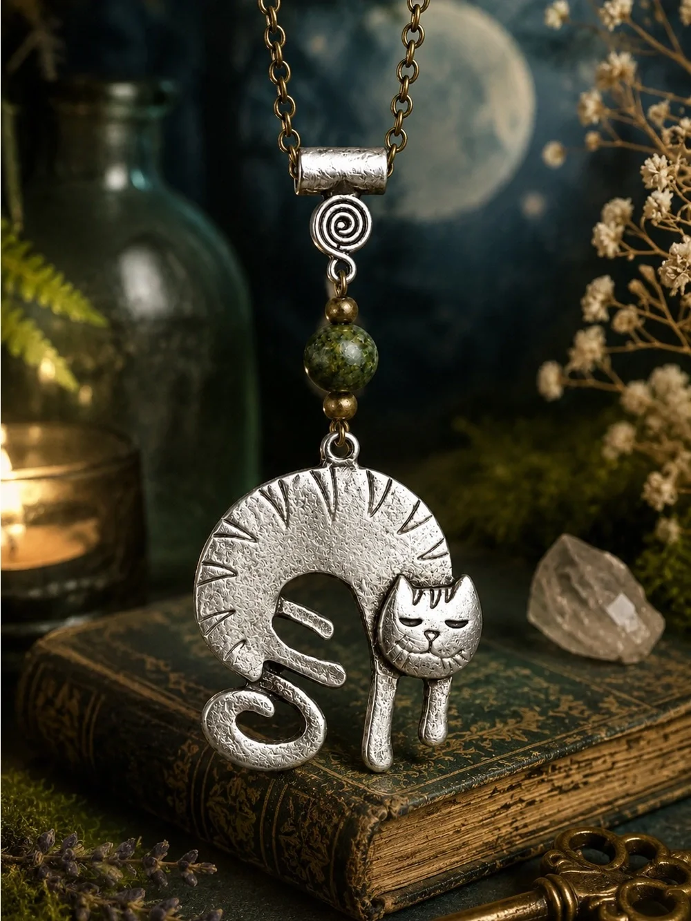 Sleeping Cat Necklace, Antique Bronze Chain, Green Bead, 20 Inch